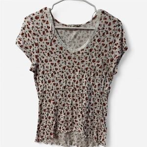 Floral Print V-Neck Women Top - White and Red